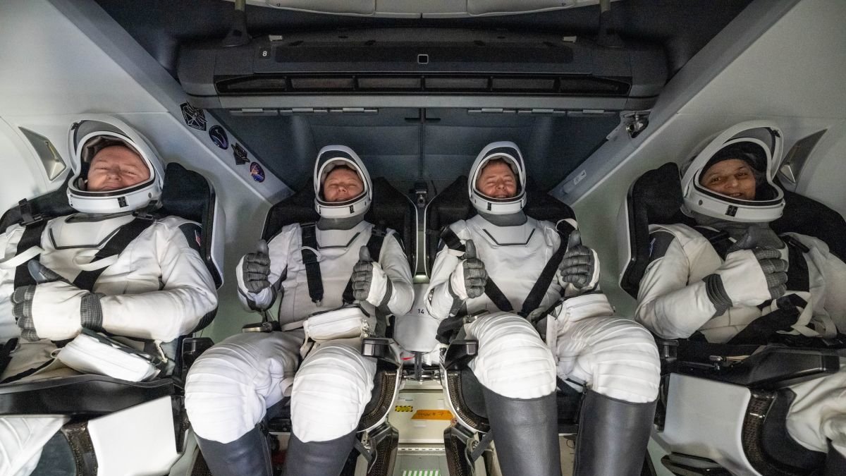 Butch Wilmore, Aleksandr Gorbunov, Nick Hague y Suni Williams en el interior del Spacex Dragon.