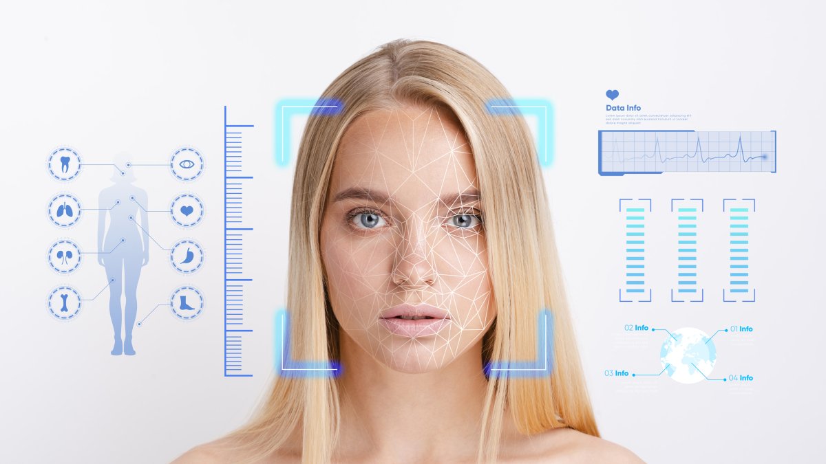 Imagen de una mujer con datos biométricos sobreimpresos.