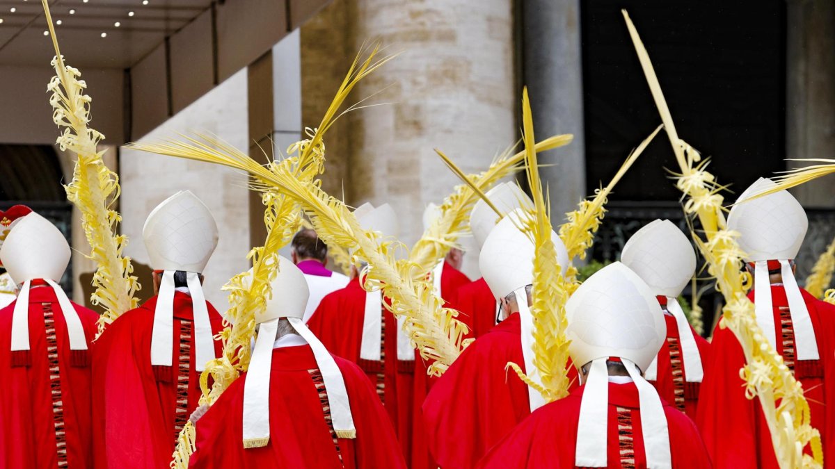 Los cardenales llegan para la misa del Domingo de Ramos, el 13 de abril de 2025. 