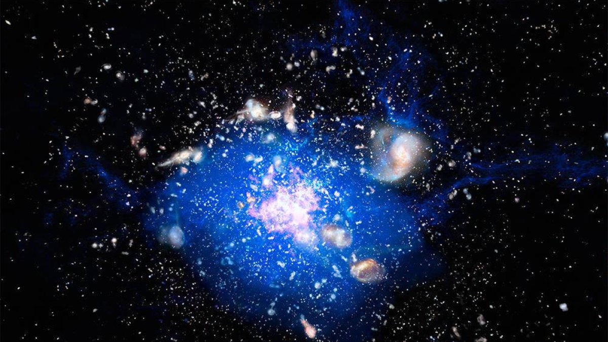 Recreación artística del océano de gas helado encontrado en un cúmulo de galaxias.