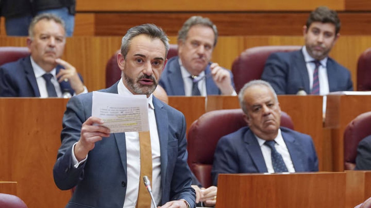 El portavoz del Grupo Parlamentario Vox en las Cortes, David Hierro, interviene en la sesión plenaria de las Cortes de Castilla y León este martes, en Valladolid.