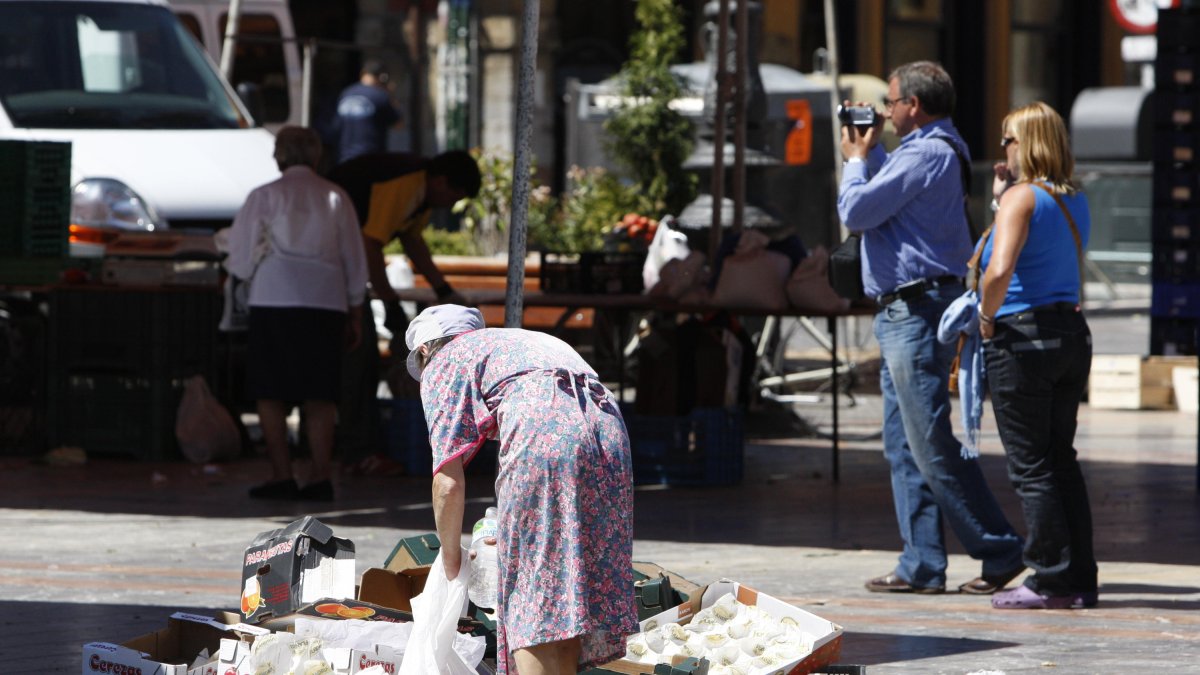Recogida de alimentos entre los desechos abandonados al finalizar el mercado de la Plaza Mayor