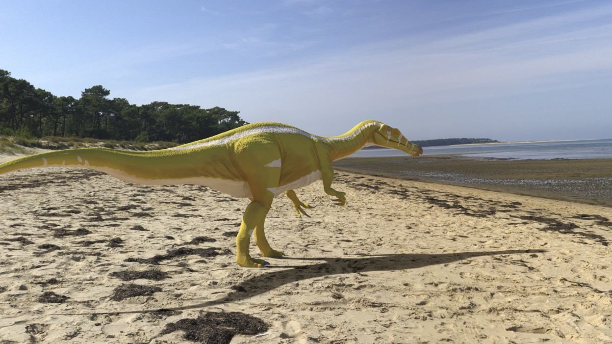 Recreación artística de un espinosaurio en una playa de Castellón.