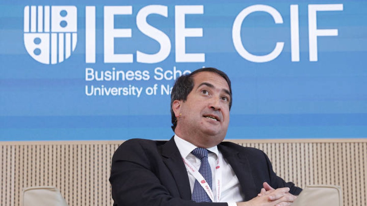 El consejero delegado de BBVA en España, Peio Belausteguigoitia, durante la primera jornada del 20º Encuentro del Sector Bancario del IESE este martes en Madrid.