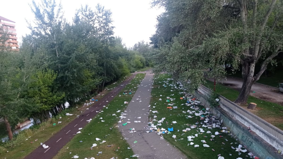 Trabajos de recogida de los restos del macrobotellón de la noche de San Juan