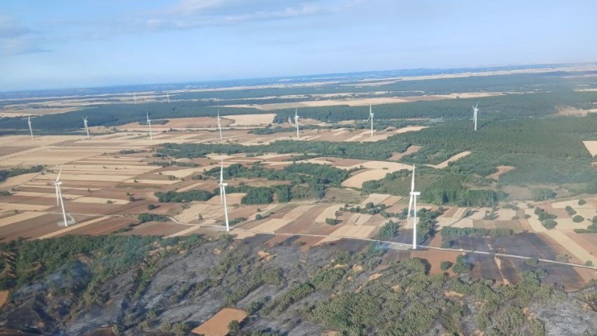 Vista aérea de la zona afectada por el incendio de San Pedro de Valderaduey