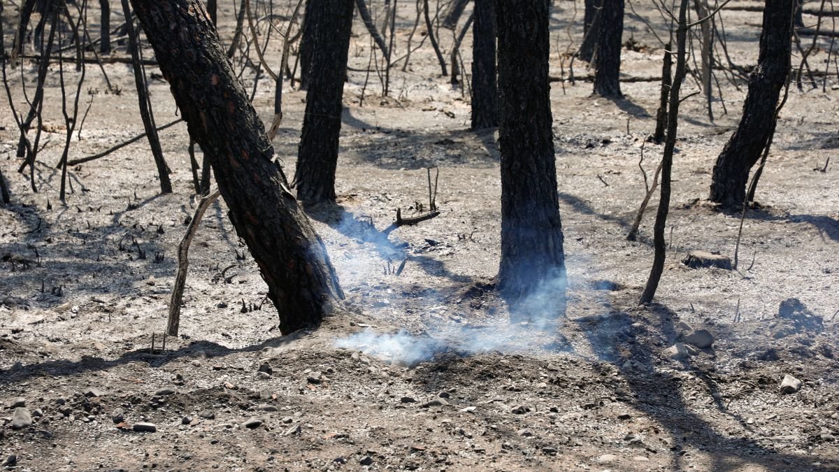 Detalle del humo que salía este jueves de una de las zonas quemadas por el fuego.