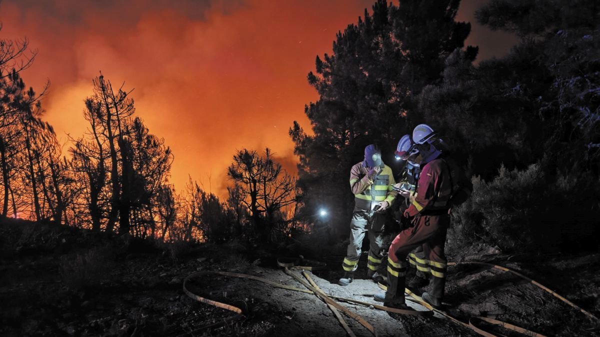 Efectivos de la UME trabajan en uno de los incendios de la provincia de León ayer.
