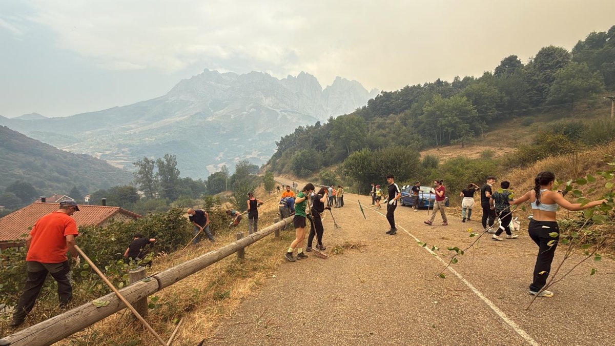 Vecinos de Valdeón realizando tareas de desbroce.