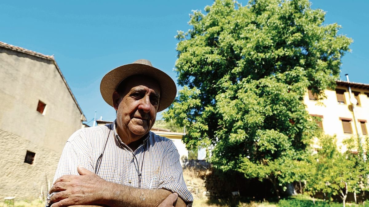 Jesús Moreno posa en su huerta con el nogal centenario de fondo.