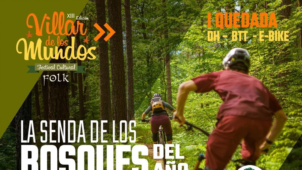 Cartel del evento de bicicleta de montaña por bosques.