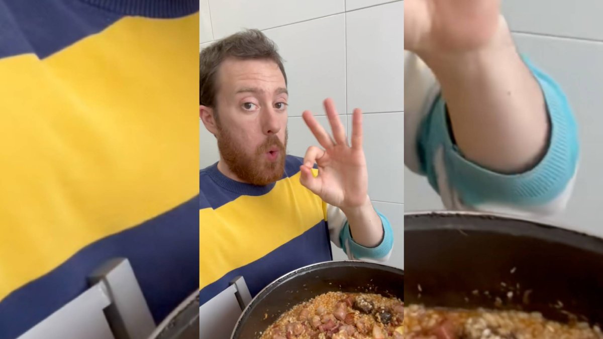 El creador de contenido @comeconhumor muestra el arroz a la zamorana mientras destaca su sabor con un gesto de aprobación.
