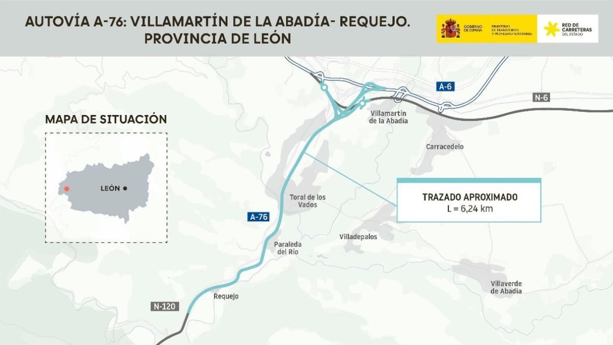 Mapa del enlace de la A-6 con la A-76 en Carracedelo-Toral.