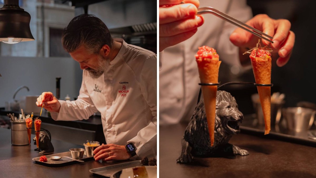El chef de ConMimo, en León, en plena elaboración de uno de sus icónicos entrantes: conos de tartar servidos con precisión milimétrica y un guiño artístico al emblema de la ciudad.