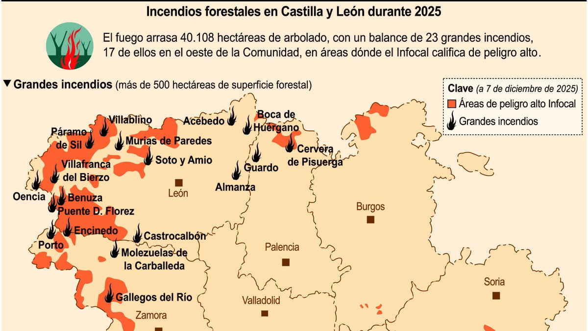 Incendios forestales en Castilla y León durante 2025 (18cmx18cm).