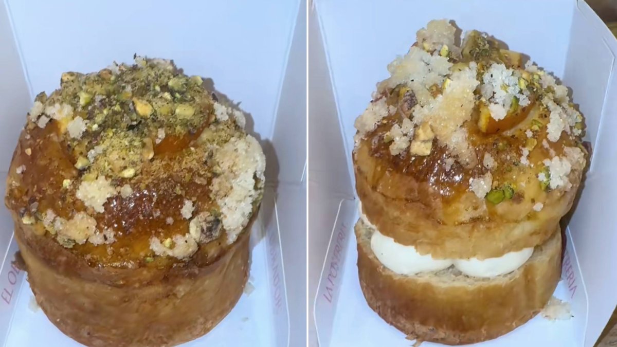 Rosconcitos de edición limitada elaborados por La Postrería Kamin en León: a la izquierda, el clásico; a la derecha, el relleno de chantilly, ambos con cobertura de pistacho y naranja.