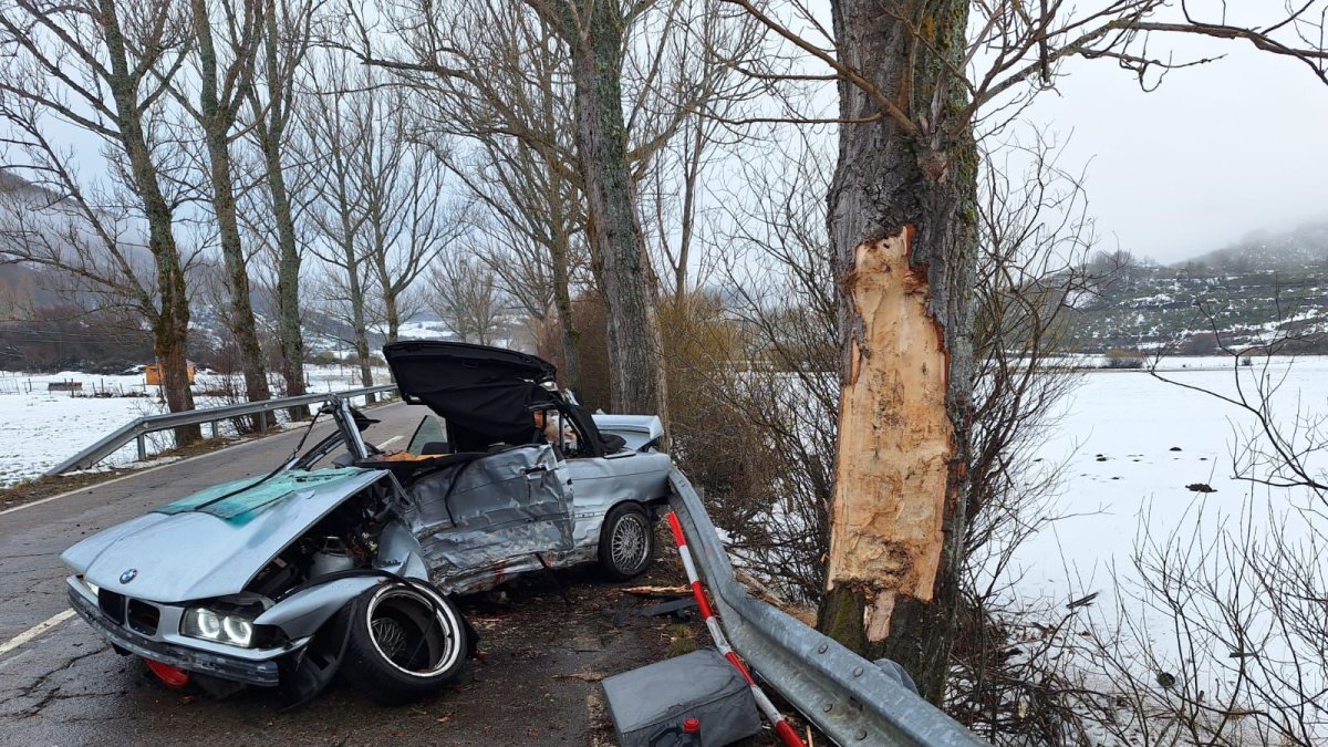 Estado en el que ha quedado el coche tras chocar contra un árbol en Puebla de Lillo