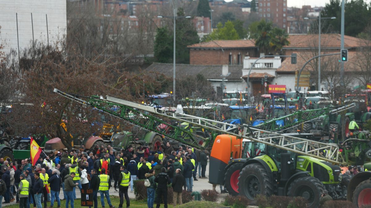 Decenas de agricultores y ganaderos con tractores se concentran frente a las Cortes de Castilla y León.