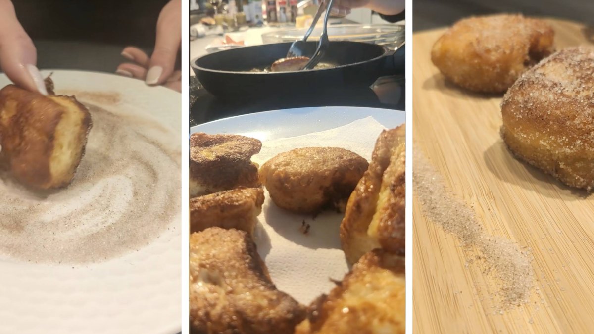 Proceso completo de nuestras torrijas con mantecada de Astorga: rebozadas en azúcar y canela, fritas con mimo y listas para enamorar al primer bocado.