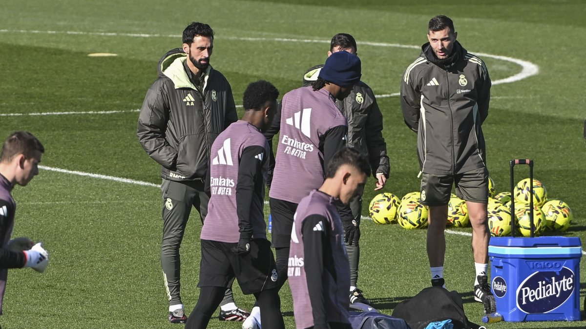 Arbeloa en el entrenamiento de este sábado del Real Madrid.