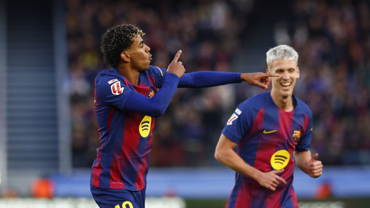 Lamine Yamal celebra su gol, el segundo del Barça.