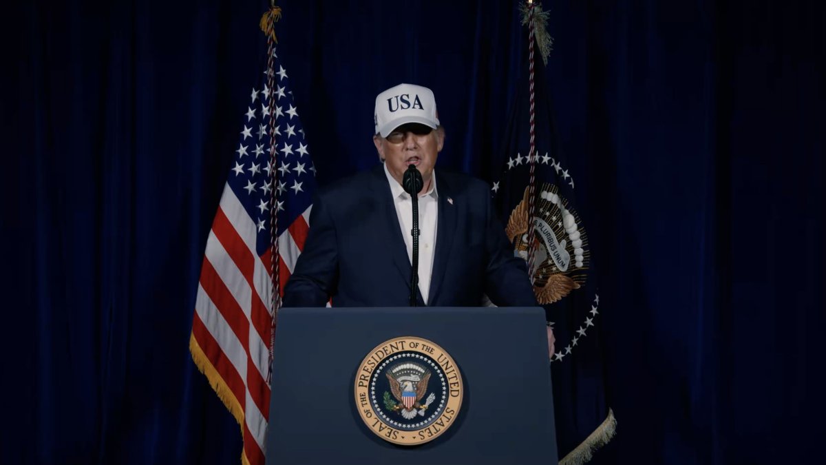 Frame grab from an eight minute statement made by United States President Donald J Trump that was released via his X account concerning the United States attack on Iran, on Saturday, February 28, 2026..Mandatory Credit: @realDonaldTrump via CNP.FOR EDITORIAL USE ONLY - COMMERCIAL USE PROHIBITED