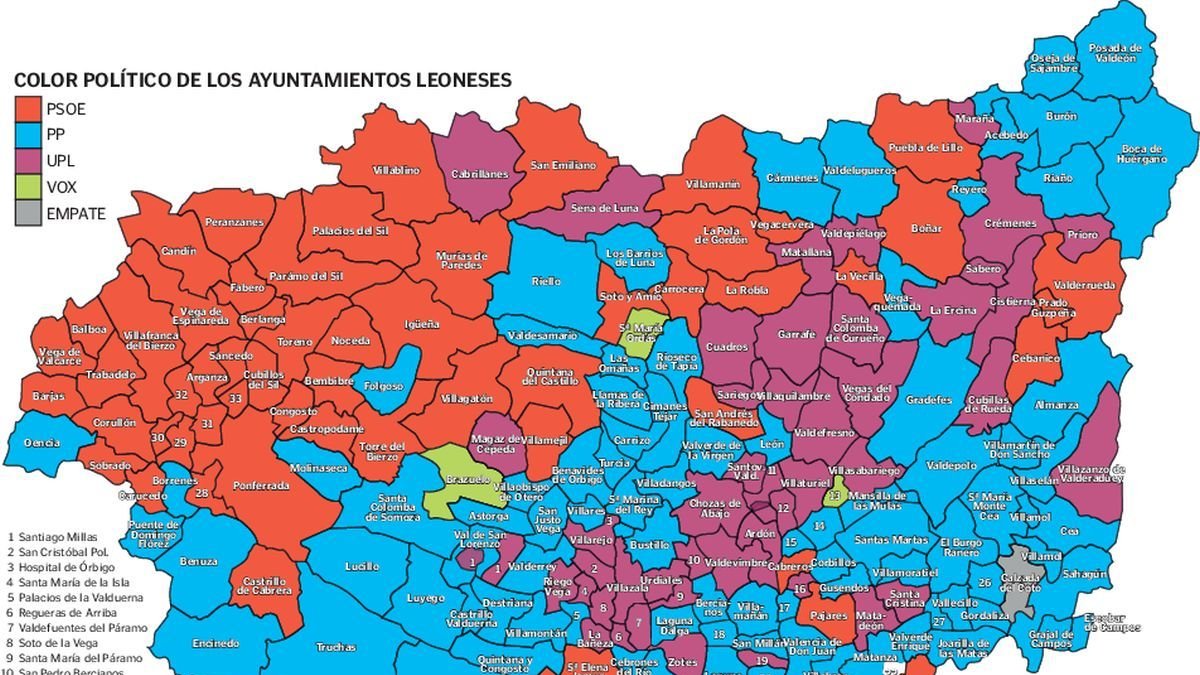 El mapa del voto en la provincia de León.