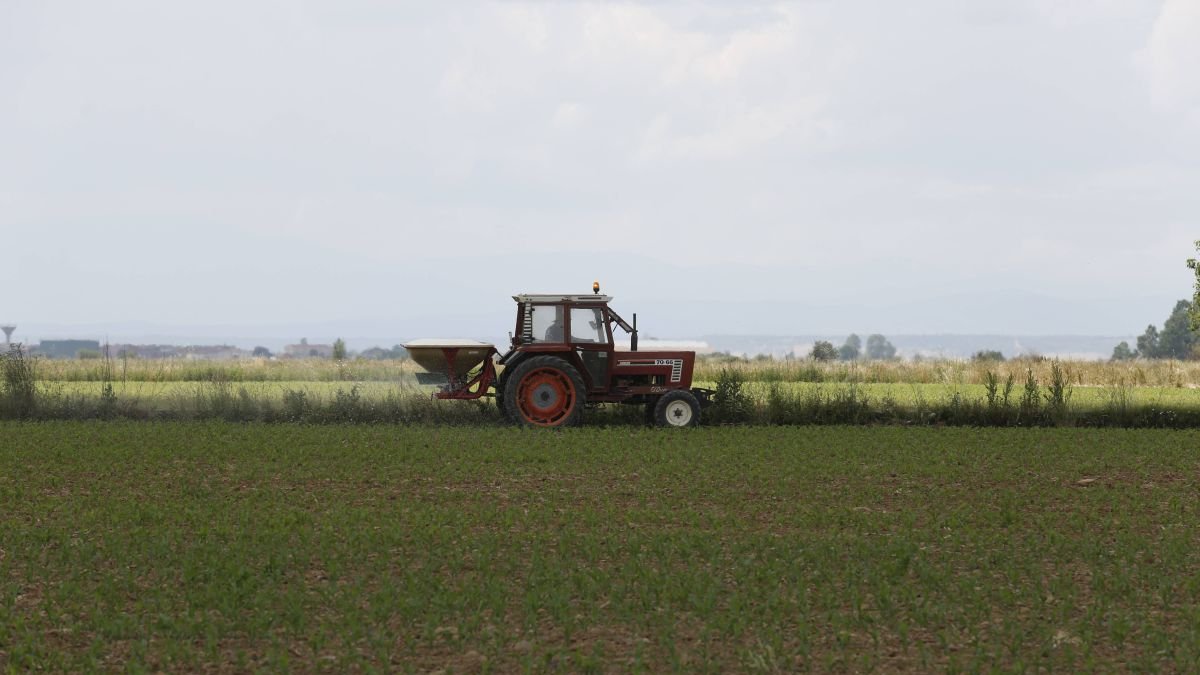 Un agricultor esparce fertizante por un campo de la provincia.