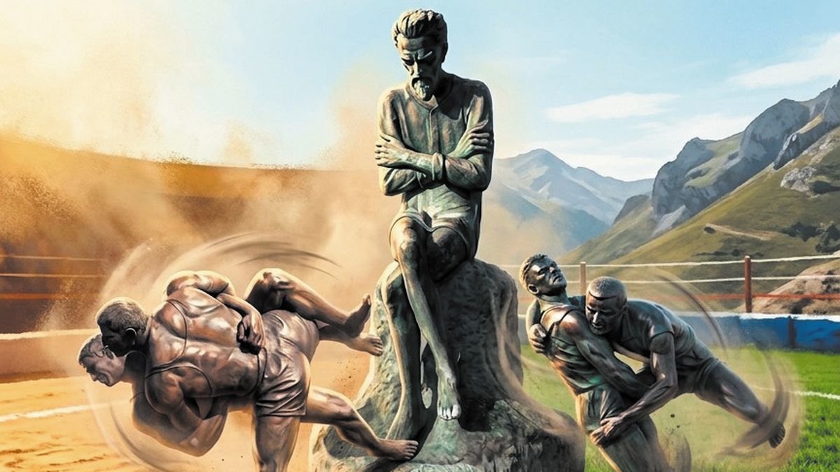 Imagen que conjunta la lucha canaria con la leonesa, en sus diferentes ambientes.