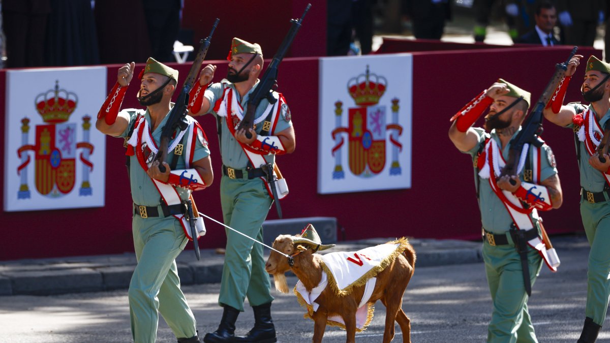 La cabra de la legión durante el tradicional desfile militar por las calles del centro de Madrid.