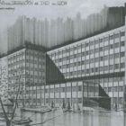 Dibujo original del edificio, puntero para la época, obra de Fernando Cavestany, y su ubicación hast