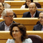 Los senadores populares por León Juan Morano y Luis Aznar, ayer, en el Senado.