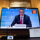 Fotografía cedida por la ONU donde aparece el director general de la Organización Mundial de la Salud (OMS), Tedros Adhanom Ghebreyesus, mientras habla durante una rueda de prensa. ESKINDER DEBEBE