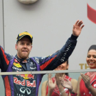 Sebastian Vettel celebra su victoria en el Gran Premio de la India.
