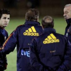 Del Bosque conversa con varios de sus ayudantes y con Cesc Fábregas.