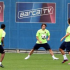 Keita (i), Maxwell (c) e Ibrahimovic (d), durante el entrenamiento de ayer.