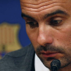 El entrenador del Barcelona Pep Guardiola durante la rueda de prensa que ofreció para anunciar su decisión de poner punto y final a su trayectoria al frente del equipo catalán al acabar la presente temporada.