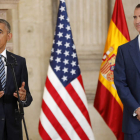 Barack Obama pronuncia unas palabras ante el rey de España en el Palacio Real. CHEMA MOYA