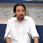 El líder de Podemos, Pablo Iglesias, durante una rueda de prensa.