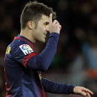 David Villa celebra su primer gol frente al Deportivo Alavés en el Camp Nou.