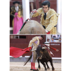 Morante de la Puebla, entrando a matar a su primer toro, y Alejandro Talavante, en su faena de muleta a su primer astado.