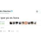 Tuit que Pedro Sánchez publicó en el 2012 y que algunos usuarios de la red social han recuperado este sábado tras su renuncia.
