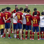 Los jugadores del combinado español escuchan atentos las indicaciones del seleccionador Vicente del Bosque en una de las sesiones de preparación de la Eurocopa.