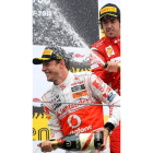 Button y Alonso celebran el podio del Gran Premio de Hungría.
