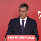 Pedro Sánchez durante la rueda de prensa ofrecida en Ferraz tras la renuncia de Santos Cerdán.