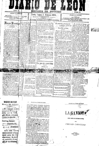La primera portada que se conserva del Diario de León, el número 2 del 5 de febrero de 1906