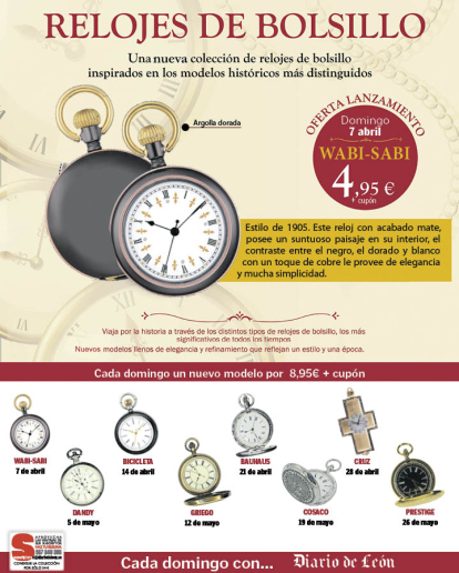 Publicidad con la colección de relojes de bolsillo que pueden conseguirse con Diario de León