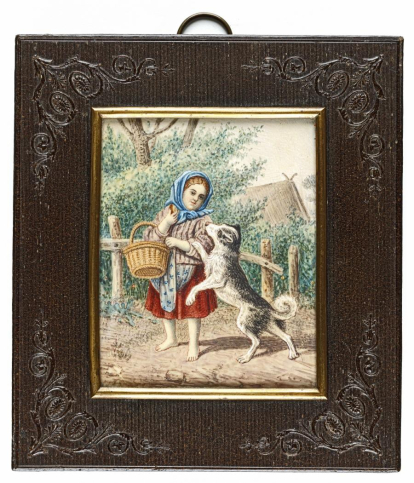Miniatura rectangular con representación de una niña jugando con un perro, al aire libre, sobre un fondo de paisaje. Primer tercio siglo XIX. Obra entregada en calidad de depósito por la Comisaría General del Patrimonio Artístico Nacional el 18 de junio de 1943.