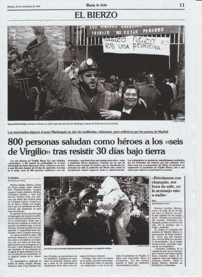 Así informaba Diario de León de la salida de los seis mineros de Virgilio Riesco en su edición del 26 de noviembre de 1994.