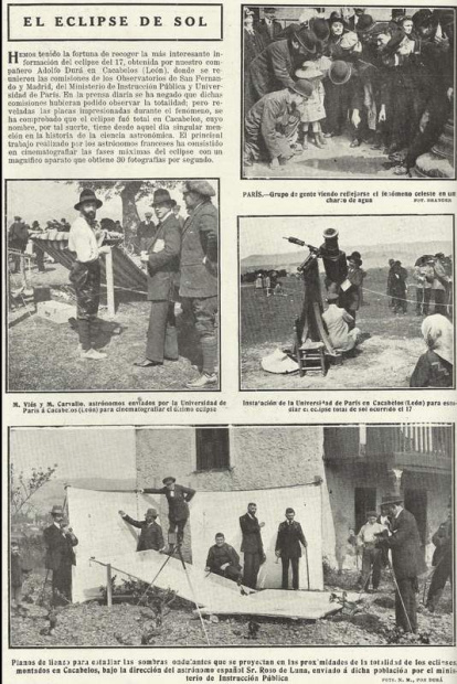 Página completa de la revista gráfica 'Nuevo Mundo' con imágenes del desembarco de astrónomos en Cacabelos, el 17 de abril de 1912.